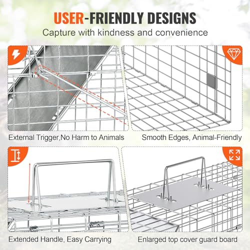 VEVOR Live Animal Cage Trap, 31" x 10" x 12" Humane Cat Trap Galvanized Iron, Folding Animal Trap with Handle for Rabbits, Stray Cats, Squirrels, Raccoons, Groundhogs and Opossums