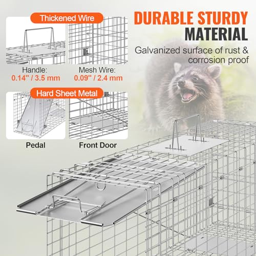 VEVOR Live Animal Cage Trap, 31" x 10" x 12" Humane Cat Trap Galvanized Iron, Folding Animal Trap with Handle for Rabbits, Stray Cats, Squirrels, Raccoons, Groundhogs and Opossums