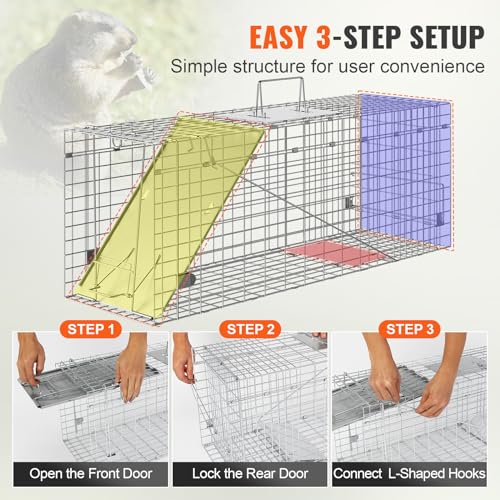 VEVOR Live Animal Cage Trap, 31" x 10" x 12" Humane Cat Trap Galvanized Iron, Folding Animal Trap with Handle for Rabbits, Stray Cats, Squirrels, Raccoons, Groundhogs and Opossums