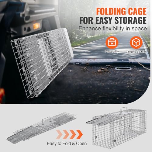 VEVOR Live Animal Cage Trap, 31" x 10" x 12" Humane Cat Trap Galvanized Iron, Folding Animal Trap with Handle for Rabbits, Stray Cats, Squirrels, Raccoons, Groundhogs and Opossums