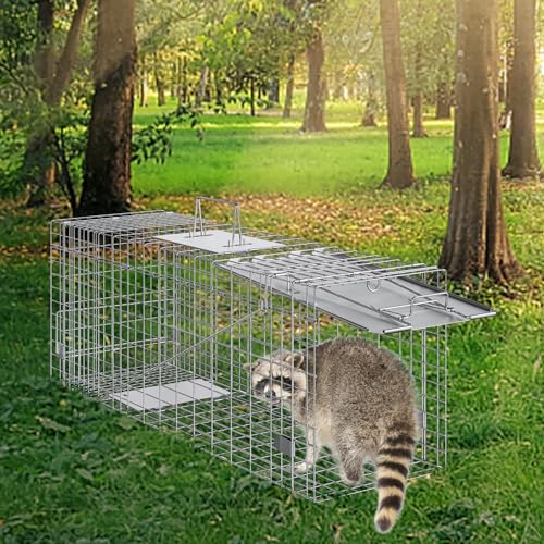 VEVOR Live Animal Cage Trap, 31" x 10" x 12" Humane Cat Trap Galvanized Iron, Folding Animal Trap with Handle for Rabbits, Stray Cats, Squirrels, Raccoons, Groundhogs and Opossums