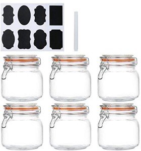Encheng 25 oz Glass Jars With Airtight Lids And Leak Proof Rubber Gasket,Wide Mouth Mason Jars With Hinged Lids For Kitchen Canisters 750ml, Glass Storage Containers 6 Pack