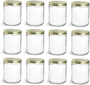 North Mountain Supply 16 Ounce Glass Wide Mouth Straight-Sided Canning Jars - with Gold Metal Lids - Case of 12