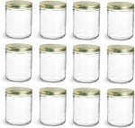 North Mountain Supply 16 Ounce Glass Wide Mouth Straight-Sided Canning Jars - with Gold Metal Lids - Case of 12