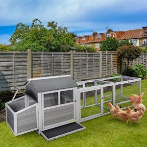COZIWOW 112" Extra Large Wooden Chicken Coop with Run, Backyard Hen Goose Habitat Quail Cage Duck House with Nesting Box, Outdoor Poultry Guinea Pig Rabbit Bunny Pet Hutch（Grey）
