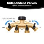 4 Way Hose Splitter with 4Pcs Garden Hose Extension Adapter, Brass Garden Hose Splitter Set, Hose Spigot Adapter with 4 Valves and 12 Rubber Washers & 4 Tapes (4 Way Splitter with 4Pcs hose protector)