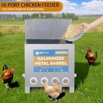 BUYYAH Automatic Chicken Feeder, 85-120lbs Capacity, 10-Port Galvanized Metal Poultry Feeder, No Waste Waterproof Chicken Feeder, Suitable for Geese, Ducks, Turkeys, Quails