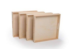 Wooden Living - Wood Tray/Wooden Trays | Square Serving Boxes with Handles - Unfinished & Small | for Montessori Materials, Crafts to Paint, Kids, Decor, Shelf, Activity (12 x 12 x 1.5, Pack of 4)