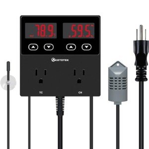 KETOTEK Digital Temperature and Humidity Controller Outlet, Reptile Thermostat Plug Dual Stage Pre-Wired for Mushroom Greenhouse Homebrew