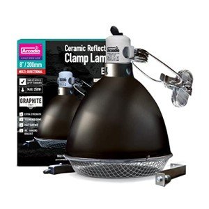 Arcadia Reptile - Reflector Clamp Lamp - Graphite - Includes Ceramic Holder & Bolt Through Locking System, Safety Mesh, Viv Adapter & Hanging Wire - E27 – 8”/ 20cm - Easy To Fit