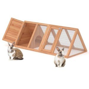Rabbit Hutch, Small Chicken Coop Outdoor A-Frame Quail Cage with 2 Door & Run Cage Wooden Triangle Quail Hutch with Ventilating Wire Poultry Hutch for Small Animal