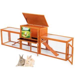 COZIWOW Outdoor Rabbit Hutch, 94.5" L Extra Large Bunny Hutch, Wooden Rabbit Cage Indoor for Small Animals with Removable Tray & Weatherproof Roof, Orange