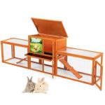 COZIWOW Outdoor Rabbit Hutch, 94.5" L Extra Large Bunny Hutch, Wooden Rabbit Cage Indoor for Small Animals with Removable Tray & Weatherproof Roof, Orange