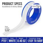 D-NYX 1 Roll 1/2 Inch(W) X 520 Inches(L) Teflon Tape,Water Pipe Sealing Tape,Plumbing Tape,Plumbers Tape,PTFE Tape,Sealing Tape,Sealant Tape,Thread Seal Tape for Shower Head,Duct Tape,White