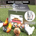 Kinchoix Metal Chicken Feeder Large Capacity 85lbs Automatic Metal Rat Proof Chicken Feeders No Waster Weatherproof Poultry Feeder for Chickens, Geese, Ducks, Turkeys, Quails (10-Port)
