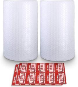 2-Pack Bubble Cushioning Nylon Wrap Rolls, 3/16" x 12" x 72' ft Total, Perforated Every 12", 20 Fragile Stickers for Packaging, Shipping, Mailing