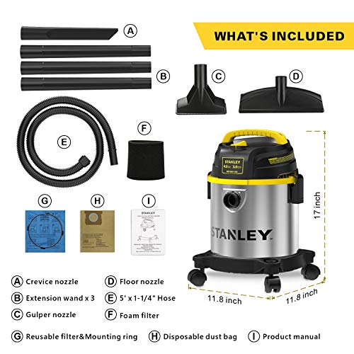 Stanley 3 Gallon Wet Dry Vacuum, 4.0 HP