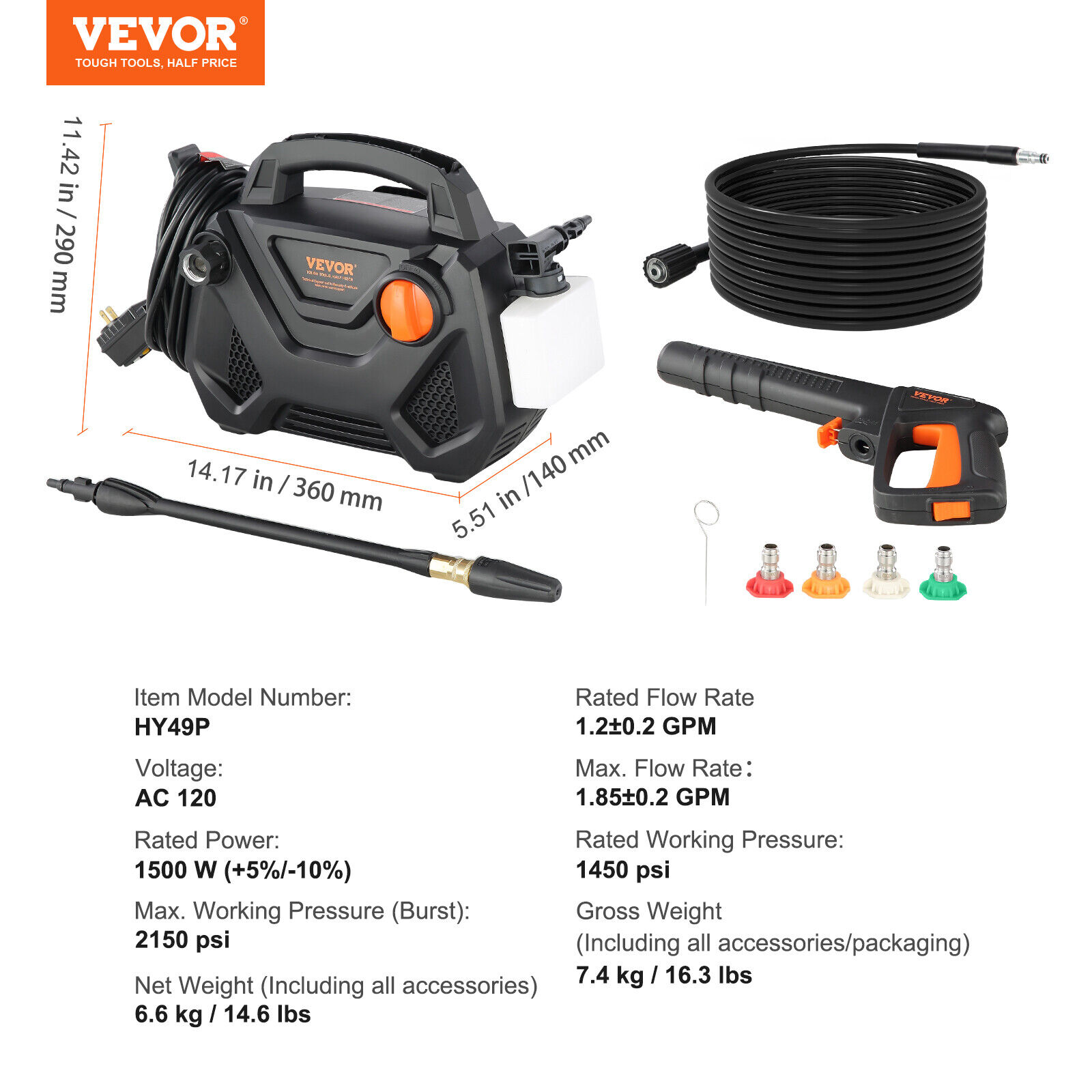 VEVOR Portable Electric Pressure Washer 2150 PSI