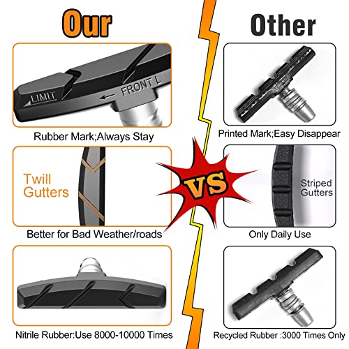 Alritz Bike Brake Pads Set, 6 PCS Road Mountain Bicycle V-Brake Blocks Shoes with Hex Nut and Shims, No Noise No Skid, 70mm, for Front and Back Wheel (Black)