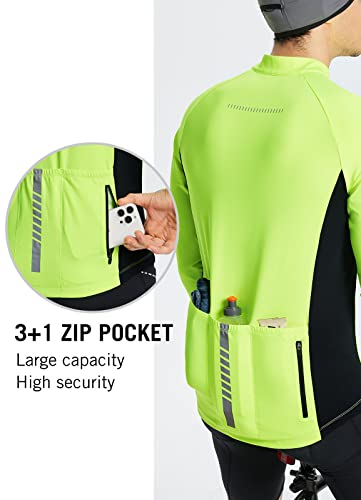 BALEAF Men's Cycling Jersey Long Sleeve Road Biking Bicycle Gear Mountain Bike Shirts Full Zip Pockets UPF50+ Fluorescent Yellow L