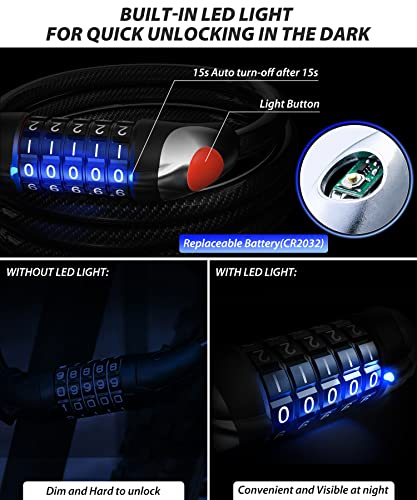 Sportneer 6ft Bike Cable Lock with Light