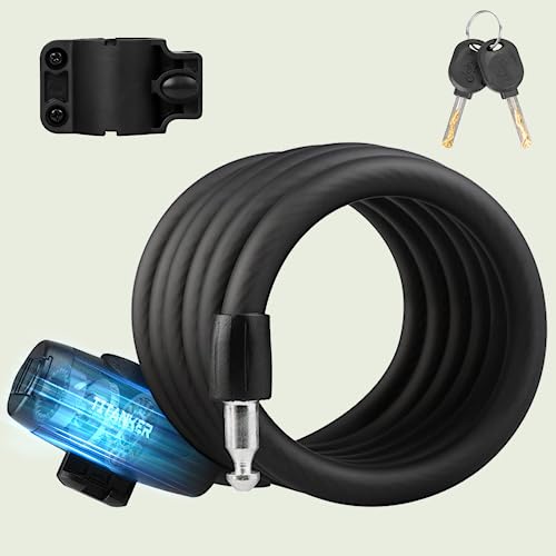 Titanker Bike Locks with Keys, Bike Lock Cable 4 Feet Coiled Secure Bike Cable Lock with Mounting Bracket, 1/2 Inch Diameter