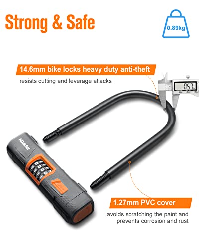 NDakter U Lock with Cable, 14.6mm Heavy Duty Bike Locks and 12mm x1.5m Cable, 4-Digit Resettable Combination Bike U Lock, Bicycle Lock for Electric Bike, Bike, Electric Scooter, Motorcycle, Gate, Door