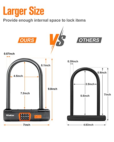 NDakter U Lock with Cable, 14.6mm Heavy Duty Bike Locks and 12mm x1.5m Cable, 4-Digit Resettable Combination Bike U Lock, Bicycle Lock for Electric Bike, Bike, Electric Scooter, Motorcycle, Gate, Door