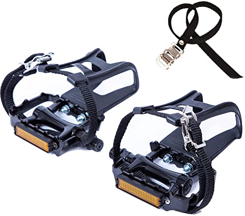 YBEKI Bike Pedals with Clips and Straps, for Exercise Bike, Spin Bike and Outdoor Bicycles, 9/16-Inch Spindle Resin/Alloy Bicycle Pedals, Half Year Warranty (Black)