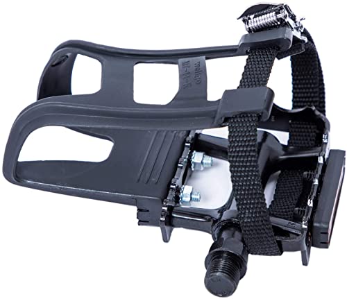 YBEKI Bike Pedals with Clips and Straps, for Exercise Bike, Spin Bike and Outdoor Bicycles, 9/16-Inch Spindle Resin/Alloy Bicycle Pedals, Half Year Warranty (Black)