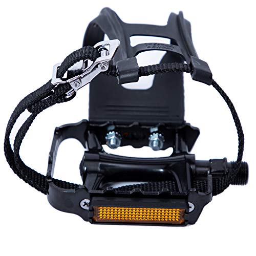 YBEKI Bike Pedals with Clips and Straps, for Exercise Bike, Spin Bike and Outdoor Bicycles, 9/16-Inch Spindle Resin/Alloy Bicycle Pedals, Half Year Warranty (Black)