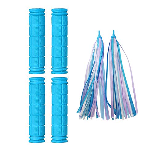 Platt Kids Bicycle Handle Bar Grips 2 Pairs Colorful Rubber Mushroom Grips with Ribbons Streamers for Balance Bikes, Scooters, and Childrens BMX Bicycle Handlebars