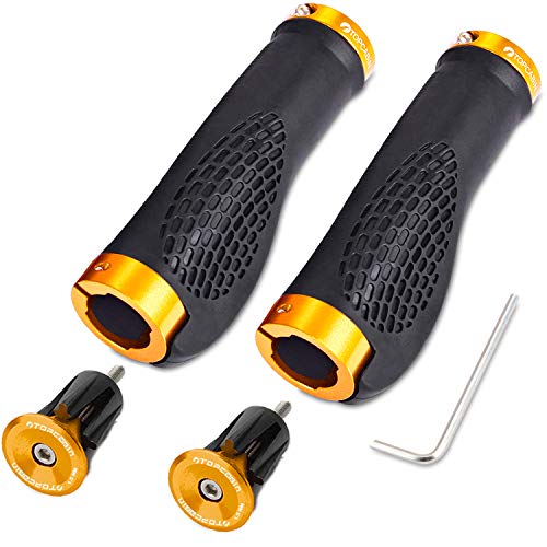 TOPCABIN Bike Grips,Ergonomic Design Bicycle Grips Widen Holding Rubber Bike Handlebar Grips with Aluminum LockGrips for Bike Mountain Road MTB (Aluminum Lock Plug+Grips (Gold 1 Pair))