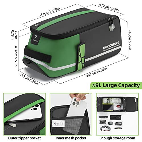 ROCKBROS Bike Rear Rack Bag Bike Trunk Bag Reflective Bicycle Rear Seat Saddle Bag Cycling Luggage Panniers with Shoulder Straps, Green Rain Cover