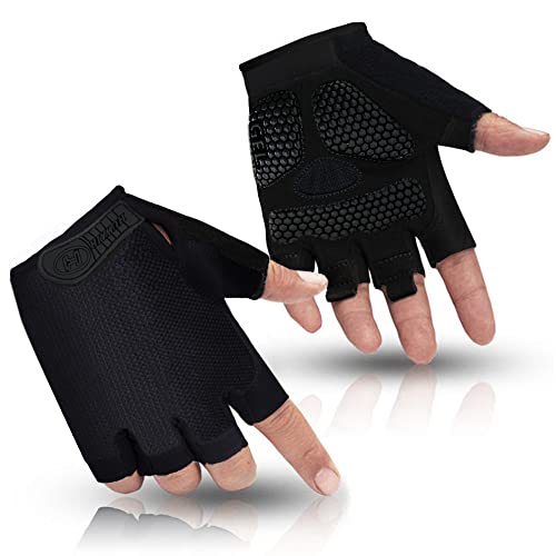 HuwaiH Cycling Gloves for Men/Women Anti Slip Shock Absorbing Biking Gloves Half Finger Gel Pad Bicycle Gloves Breathable Bike Gloves (Black, Large)