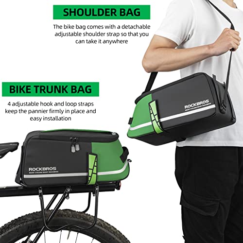 ROCKBROS Bike Rear Rack Bag Bike Trunk Bag Reflective Bicycle Rear Seat Saddle Bag Cycling Luggage Panniers with Shoulder Straps, Green Rain Cover