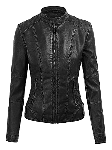 Women's Faux Leather Quilted Motorcycle Jacket - BLACK