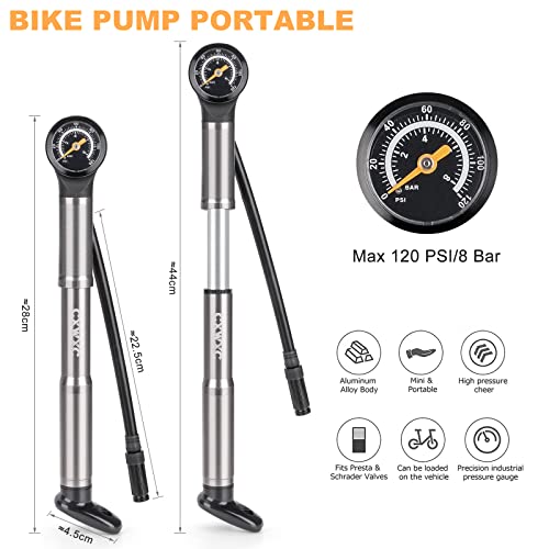 Portable Bike Pump with Pressure Gauge - Grey