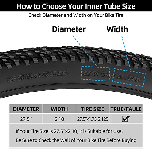 Hapleby 2PCS Premium Bike Tubes Compatible for 27.5 Inch x 1.75/1.95/2.10/2.125 Bike Tire, Mountain Bike Inner Tube with Schrader Valve, 2PCS Levers