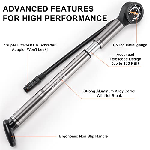 Portable Bike Pump with Pressure Gauge - Grey