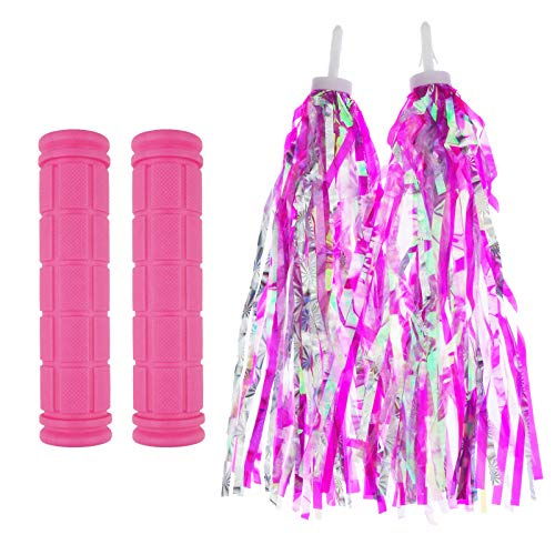 Kasteco 2 Pack Bicycle Bike Handlebar Scooter Streamers and Bicycle Handle Bar Grips, (Pink)