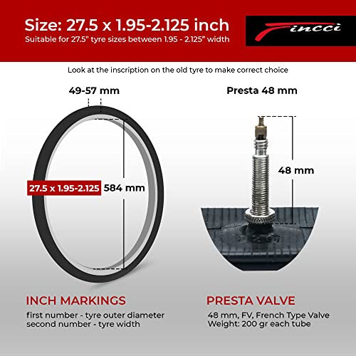 Fincci Pair 27.5 x 1.95-2.125 Inch Bike Inner Tubes 48mm Presta Valve for MTB Road Hybrid Bicycle Bike - Pack of 2 27.5 Mountain Bike Tube