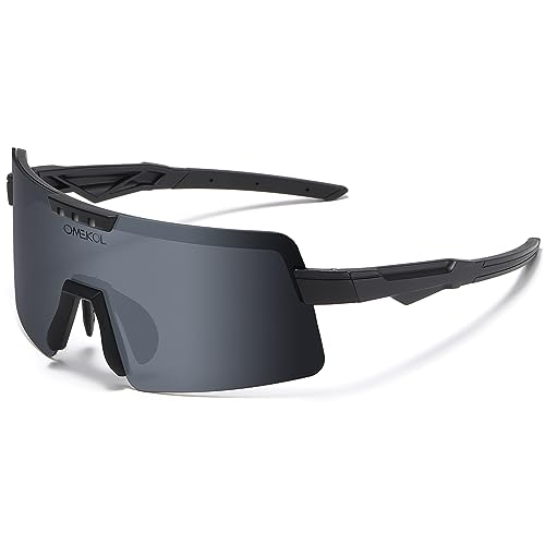 OMEKOL Polarized Sports Sunglasses Cycling Glasses UV400 Mountain Bike Goggles MTB Riding Bicycle Eyewear Men Women Baseball Running Fishing Golf Outdoor - Black Frame/Black Lens
