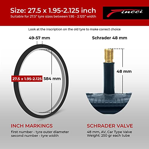 Fincci Pair 27.5 x 1.95-2.125 Inch Bike Inner Tubes 48mm Schrader Valve Inner Tube for Mountain MTB Road Hybrid Bicycle - Pack of 2