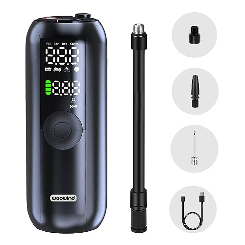 Woowind LP1 Tire Inflator and Mini Bike Pump, Portable Air Compressor for Car, Bike, 150 PSI, Auto Shut-Off with PrestaValve Schrader Valve and Dunlop Valve
