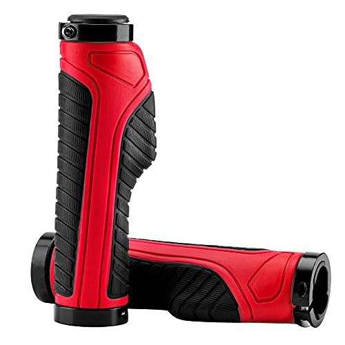 Rock BROS Mountain Bike Grips Handlebar Grip Bicycle Handlebar Grips Bike Handle Grips Double Aluminum Clamp Lock On Grips for MTB BMX Mountain Bike Handle Bar Ends Black Red