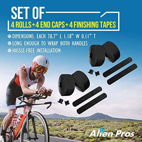 ALIEN PROS Bike Handlebar Tape PU (Set of 4) Black - Enhance Your Bike Grip with These Bicycle Handle bar Tape - Wrap Your Bike for an Awesome Comfortable Ride (Set of 4, Black)