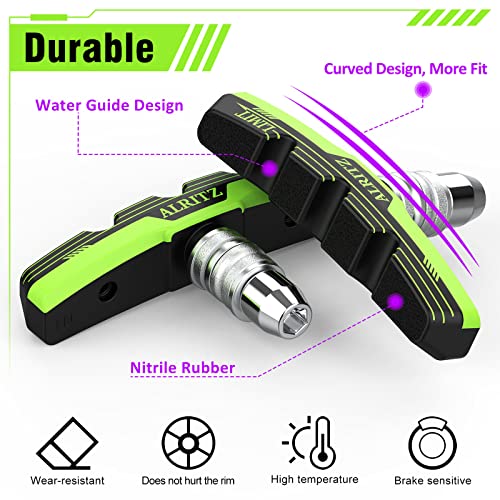 Alritz Professional Bike Brake Pads, 6PCS Professional V-Brake Pads Set for Universal Road Mountain Bicycle Front and Back Wheel, No Noise (Green)