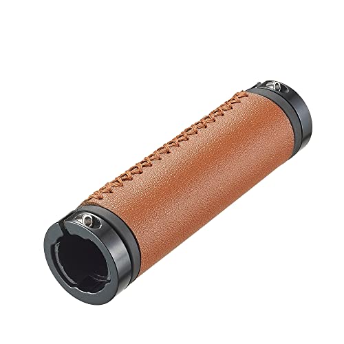 Bike PU Leather Handlebar Grips in 130mm with Hand-Stitched Seam for 22.2mm (7/8") with Aluminum Alloy Double Lock on Bicycle Handle bar Allen Wrench for Free (Brown)