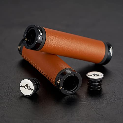 Bike PU Leather Handlebar Grips in 130mm with Hand-Stitched Seam for 22.2mm (7/8") with Aluminum Alloy Double Lock on Bicycle Handle bar Allen Wrench for Free (Brown)